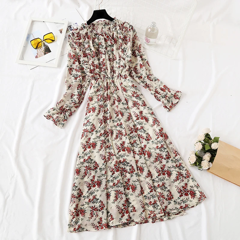 

2019 New Spring Summer Bohemian Print Dress Casual Lovely Women Flowers Long Strike Printed Dresses Long Mouwen Vestidos LU797
