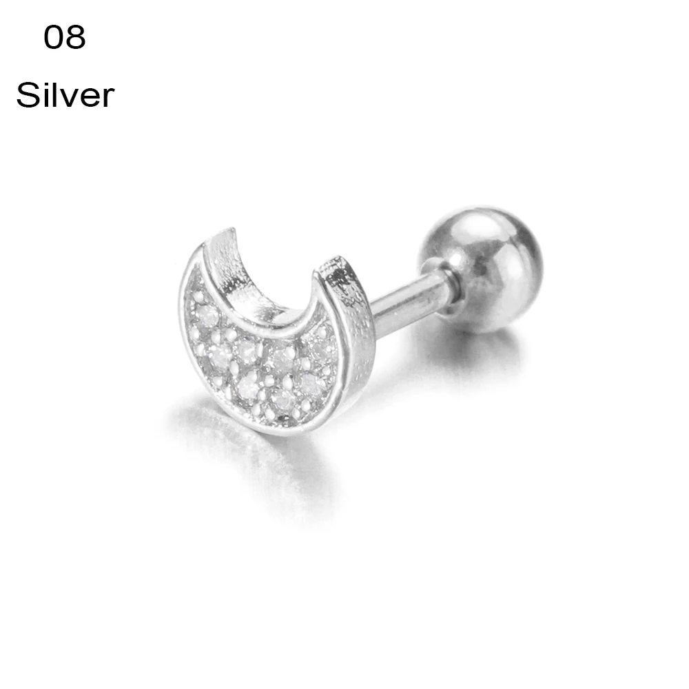 silver-8 1 шт. сережки-гвоздики Модные Цвет серебристый, Золотой Цвет CZ серьги-гвоздики пирсинг «Луна», «Звезды» серьги, Надеваемые На ушной хрящ козелка пирсинг для ушной раковины ювелирные изделия - Окраска металла: silver-8