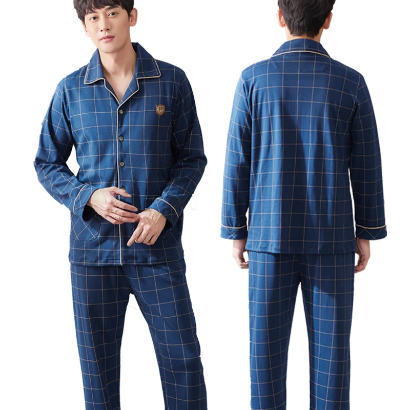 Spring Men Pajamas Blue Button-Down 100% Cotton Pijama Hombre 2PCS Pure Cotton Plaid Nightwear PJ Pyjama Heren Plus Size 4XL 5XL