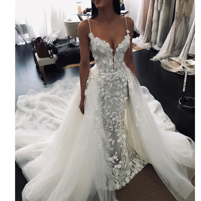 Vestidos замок Спагетти Русалка Свадебные платья со съемным шлейфом Кружевная аппликация из бисера Свадебные платья с кристаллами