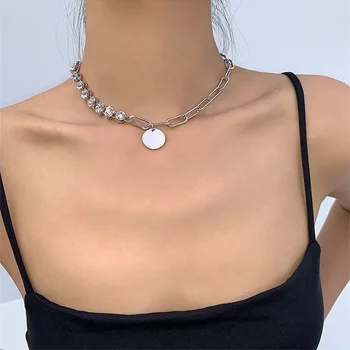 

Europe and America Elegant Versatile Cool Fashion Rhinestone Chain Joint Short Necklace Normcore Style round Plate Pendant Neckl
