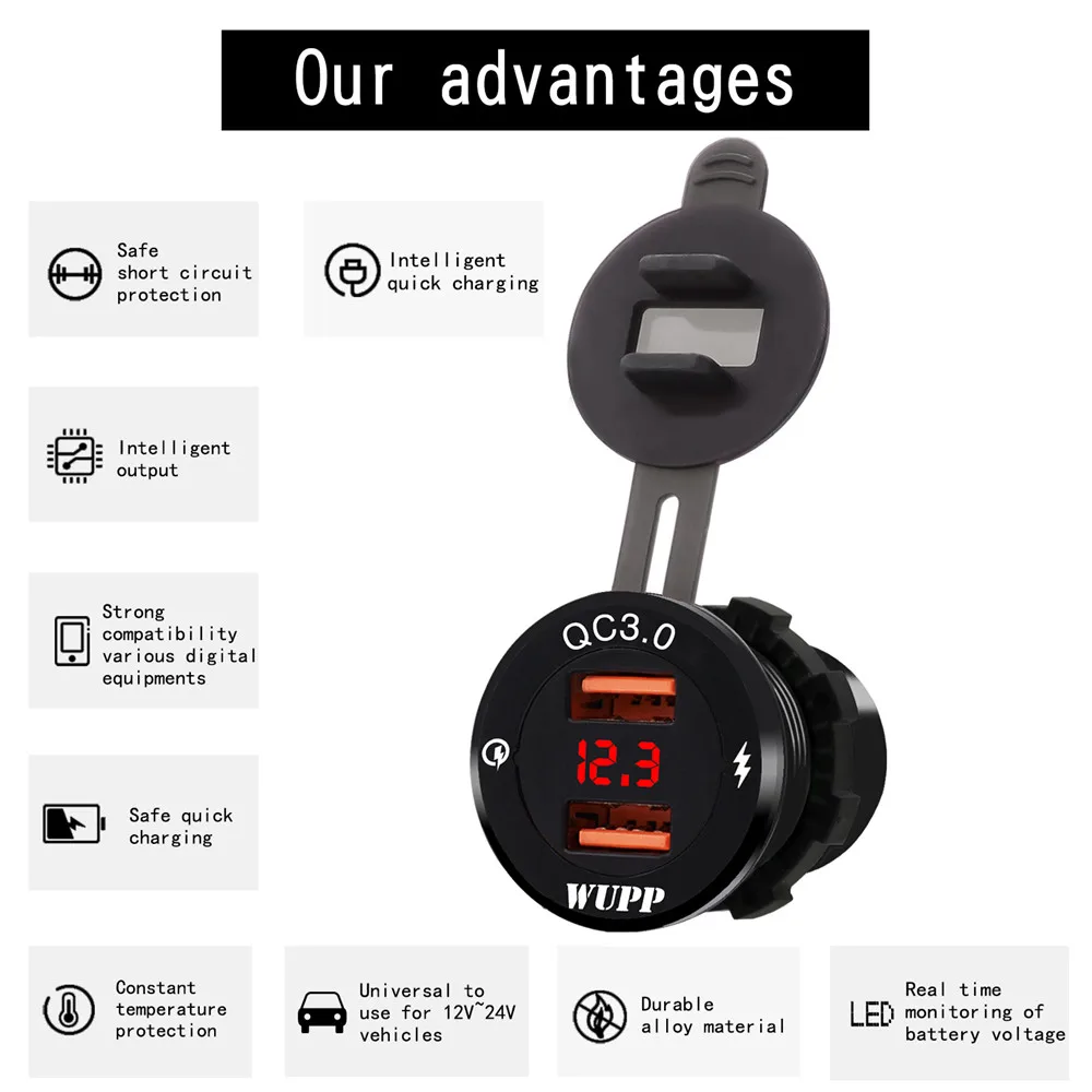 QC3.0 автомобиля с двумя портами USB Зарядное устройство для мото Авто Грузовик ATV Лодка 12 V-24 V светодиодный зажимное крепление Зарядное устройство Мощность автомобильный адаптер