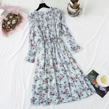 

Women Long Dress 2020 Spring Autumn Vintage Floral Print Pleated Chiffon Dress Long sleeve Loose Plus Size Dresses Vestidos