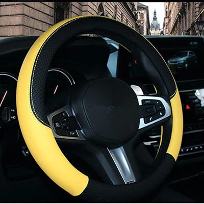 Спортивный кожаный чехол рулевого колеса автомобиля для Jaguar Lexus Cadillac Шевроле Лада Opel Skoda Volvo MiNi автомобильные аксессуары для 38 см - Название цвета: Black and beige
