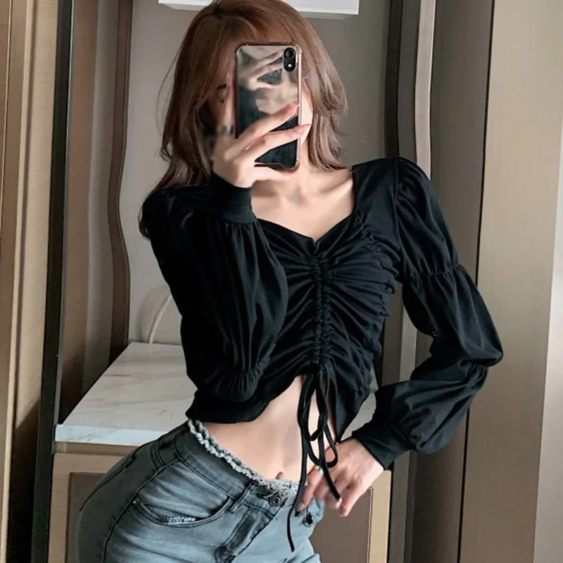 Sweet Exposed Navel Blouse Fashion Solid Color V-Neck Blouses Women Long Sleeve Shirt Tops