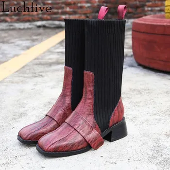 

Wool Elastic Ankle Boots Square Toe Short Boots Women Chunky Heel Wine Red Boots Femme Genuine Leather Shoes Woman