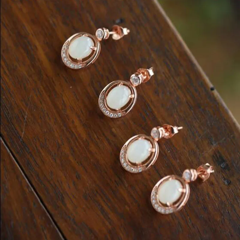 Натуральный Хотан Белый нефрит серьги для женщин Позолоченные 925 пробы серебро Женская Сережка-гвоздик Черная пятница предложения