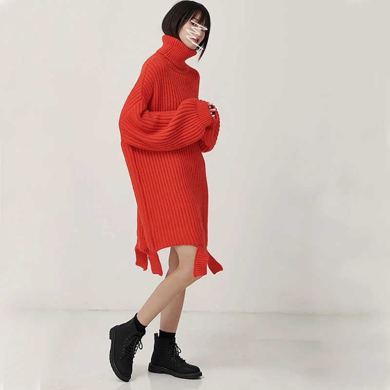 

Women Sweater Dress Fashion Casual Turtleneck Lantern Warm Pull Streetwear Long Pullover Jumper Female Autumn Winter