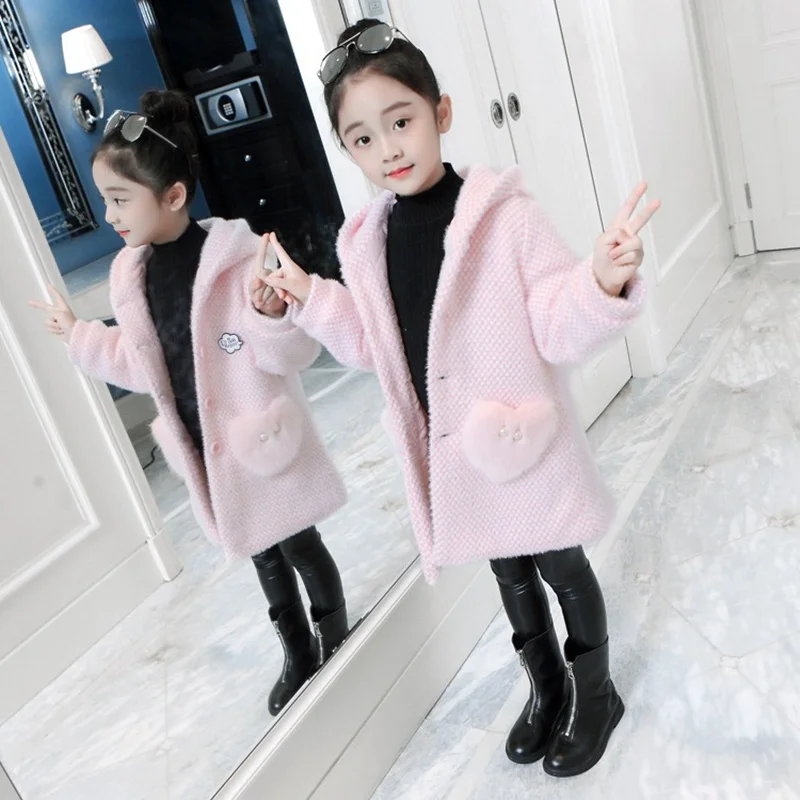 Pink Модные, теплые осенне-зимние Тренч с капюшоном пальто для маленьких девочек; детская теплая одежда; Детские утепленные шерстяная, Смешанная Вельветовая Верхняя одежда Casaco S9826 - Цвет: Pink