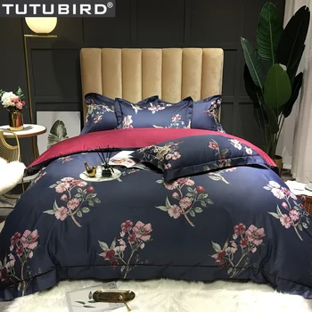 

Blue red pillowcases luxury Egyptian cotton bedding set flower print pastoral duvet cover satin bedspread bedspread