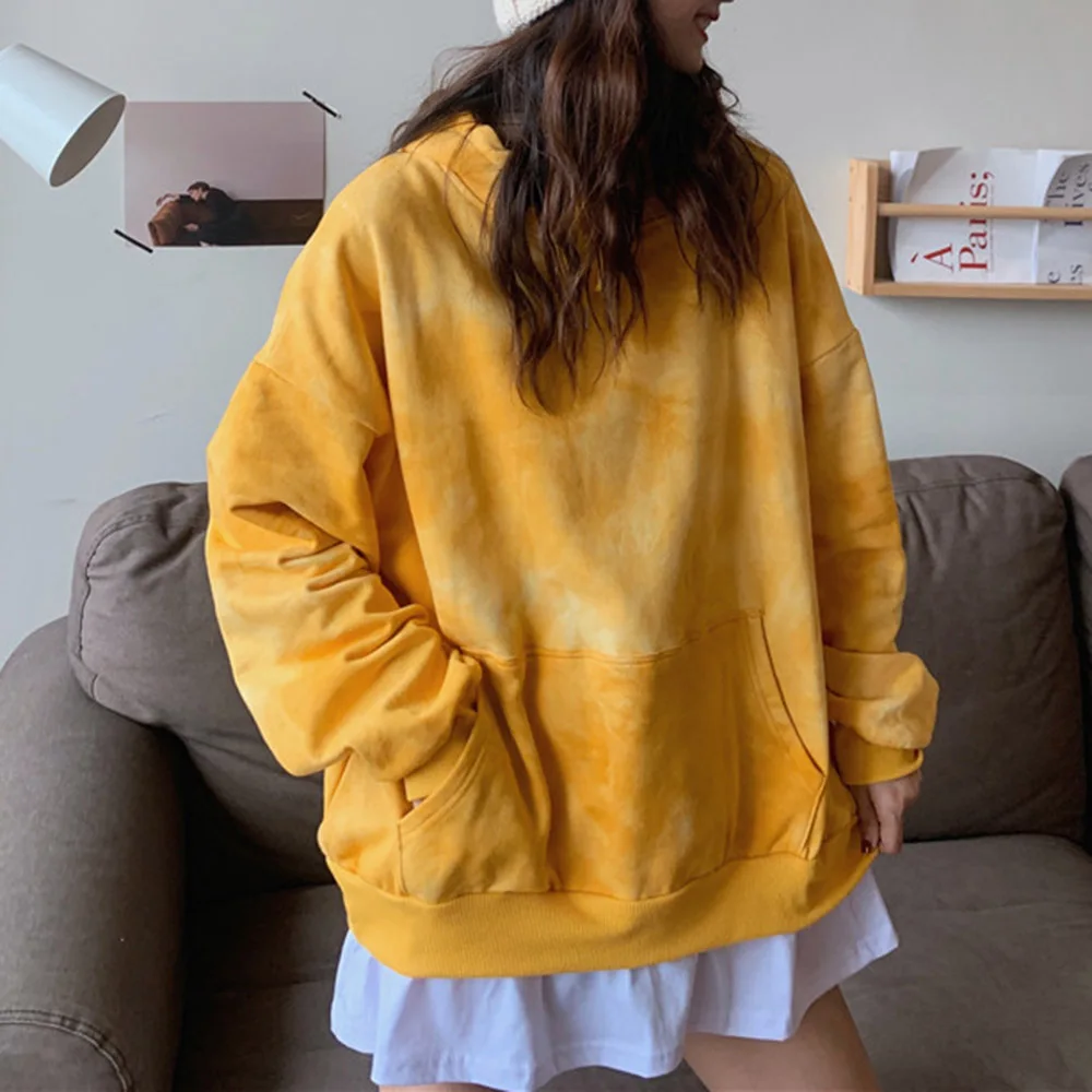

Korean Hoodie Women 2020 Pullover Plus Cashmere Hooded Tie Dye Street Fashion Loose Autumn And Winter New Style Stitching Color