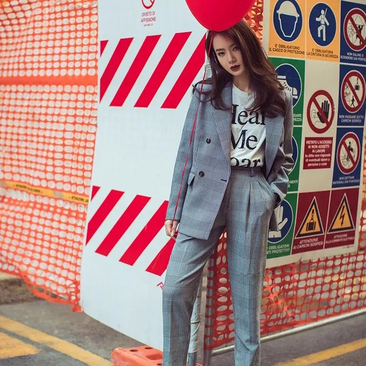 

Qi Wei Coulee Nazha Celebrity Style Plaid Suit WOMEN'S Suit Korean-style England Retro Striped Suit