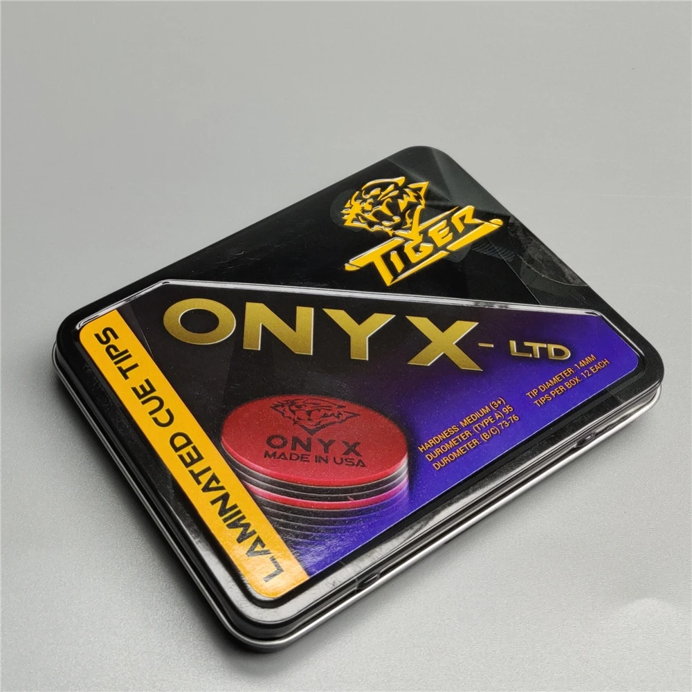 타이거 오닉스 라미네이트 당구 큐 팁, 14mm, 12 개/박스, 미국 미디엄 가죽 프로 캐롬 당구 큐 스틱 팁, 당구 액세서리