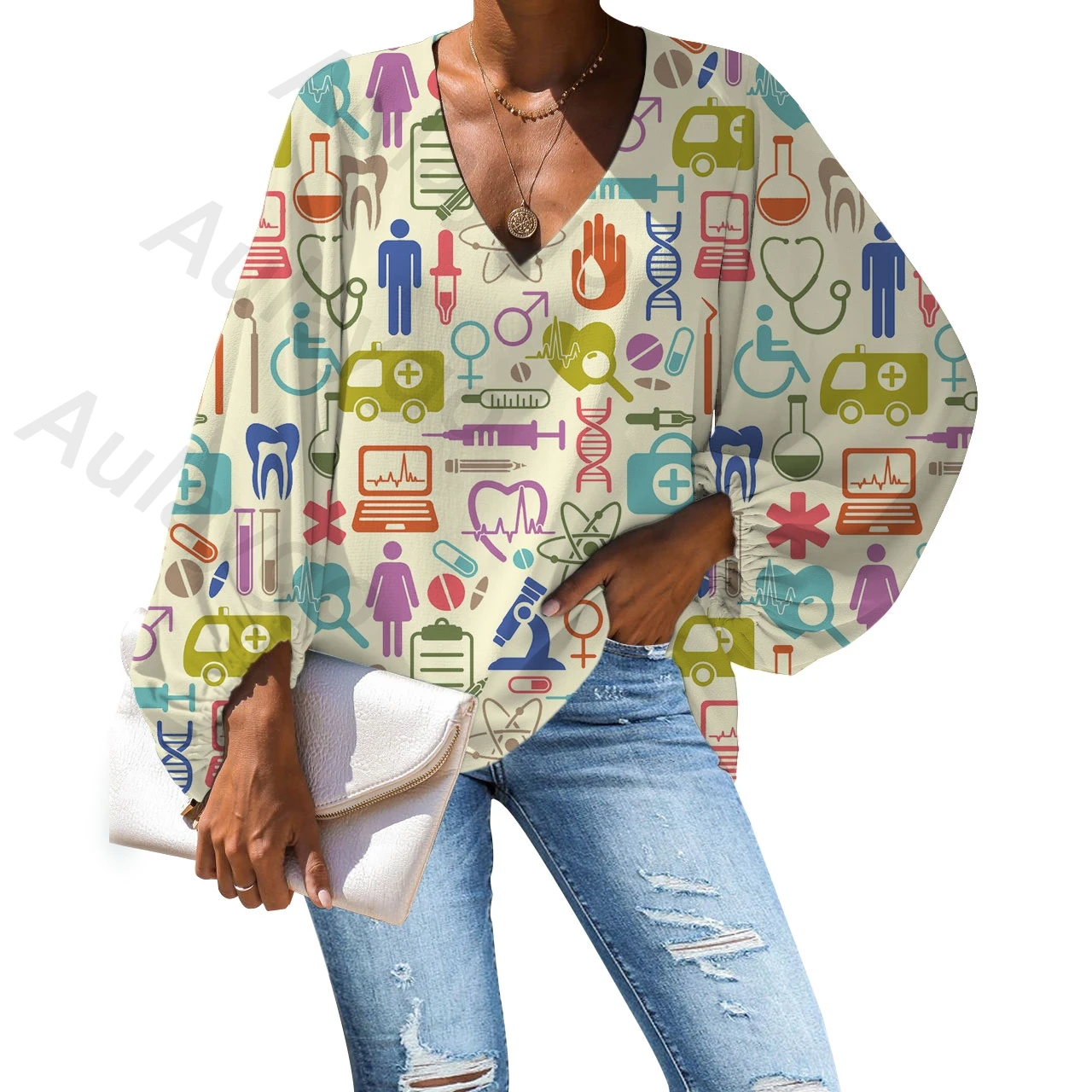 

Aulaygo Cartoon Medical Equipment Pattern Female Clothes Loose Style Autumn Women Blouse Lady Shirt Fashion Chemisier Femme