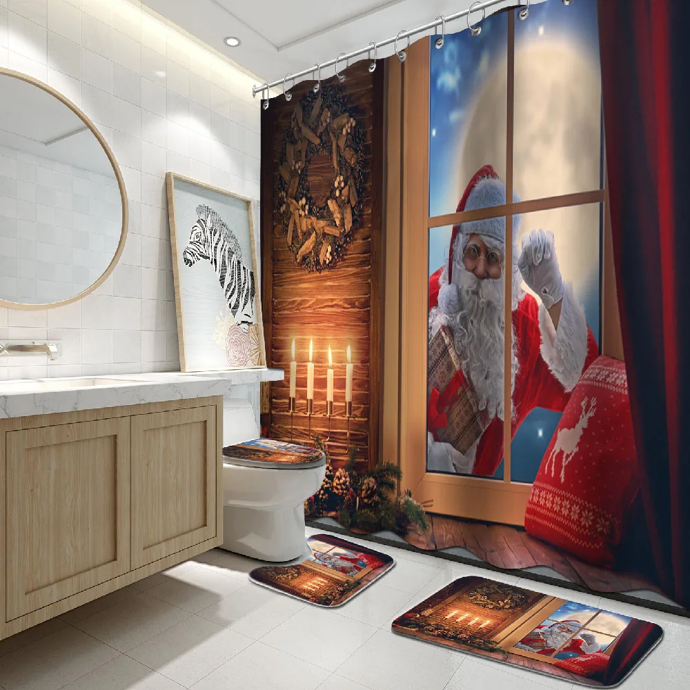 Merry Christmas Shower Curtain Santa Claus Bathroom Decor Waterproof 72"x72" 
