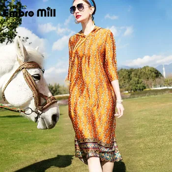 

Spring And Summer Women's New Printed Dress Street Style Seven-Point Sleeves Hooded Loose Long A-line Dress S-XL