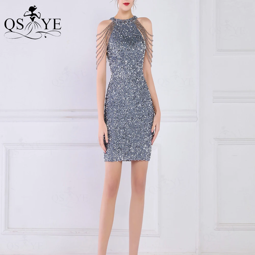 Grey Short Prom Dresses Sparkle Sequin Beading Straps/Sleeves Girl Gray  Party Gown Sheath Short Evening Shiny Dress Casual Chic - AliExpress 320