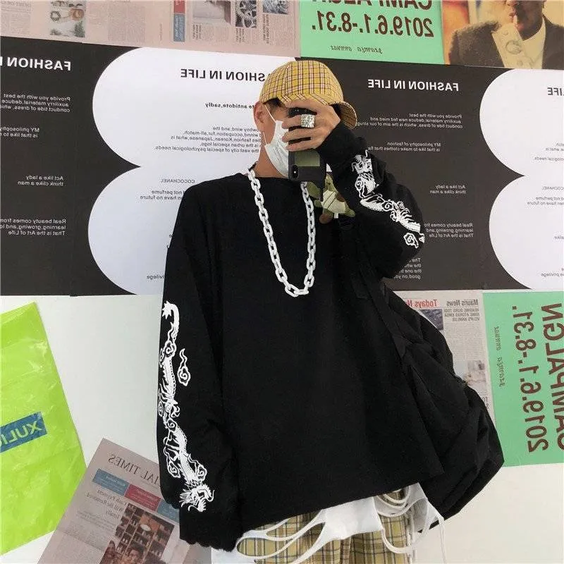 Новая японская версия, крутые футболки с принтом дракона Harajuku, черные футболки в стиле хип-хоп для мужчин и женщин, Весенние футболки с длинным рукавом в стиле пэчворк, свободная футболка
