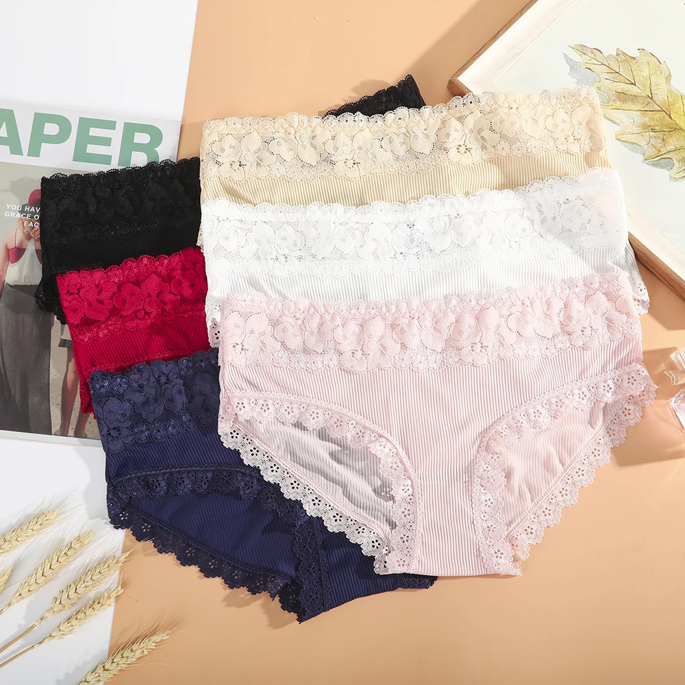 Women Cotton Panties Comfortable Underwears Sexy Middle-Waisted Lace Breathable Underpant Female Lingerie Big Size Ladies Briefs | Женская
