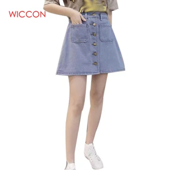 

Women Summer Loose Wild Denim Skirts Female High Waist Single-breasted Pockets Skirts A-line Solid Skirt