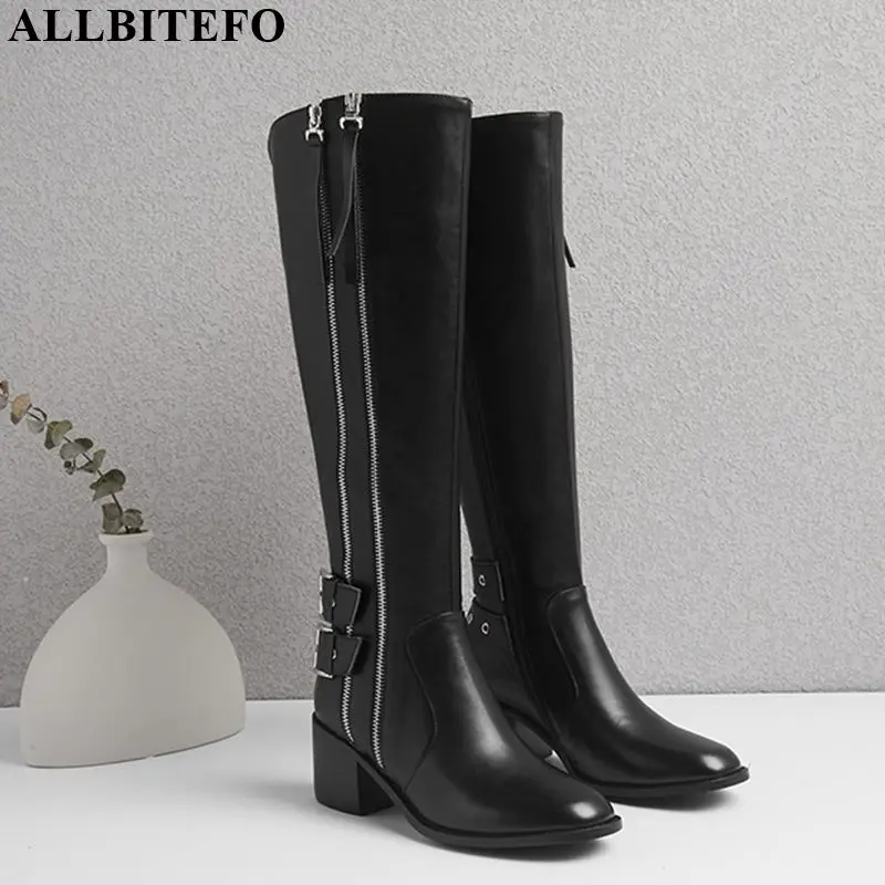 ALLBITEFO/женские сапоги до колена из натуральной кожи и PU искусственной кожи на толстом каблуке зимние сапоги высокого качества на высоком каблуке ботильоны для женщин