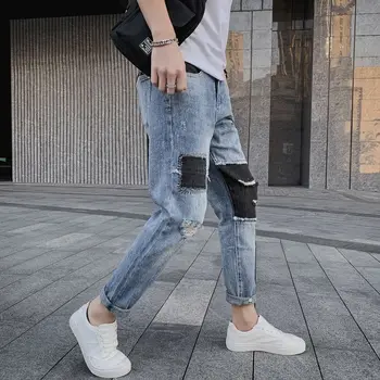 

2020 Spring And Summer New Youth Popular Loose Stitching Hole Small Feet Jeans Fashion Casual Nine Points Harem Pants Blue 28-36