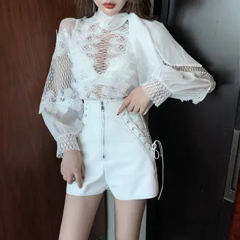 

COIGARSAM Lace women Full Lantern Sleeve Belt Zipper blusas womens tops and blouses White Blouse Black Shorts 5155