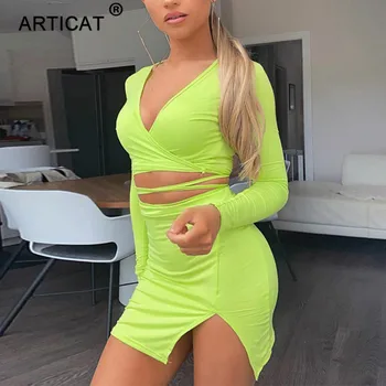 

Articat Cotton Hollow Out Two Piece Set Women Long Sleeve V Neck Crop Top Side Open Skirt Casual Bodycon Drawstring Tracksuit