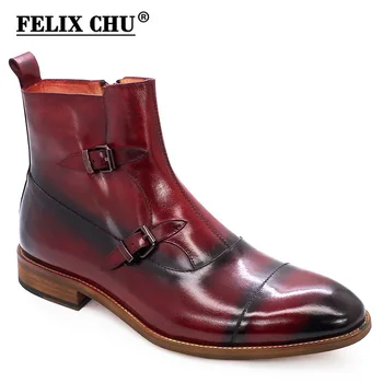 

Luxury Men's Winter Ankle Boots Genuine Calf Leather Cap Toe Buckle Zipper Handmade Stitching High Top Motorcycle Boots for Men