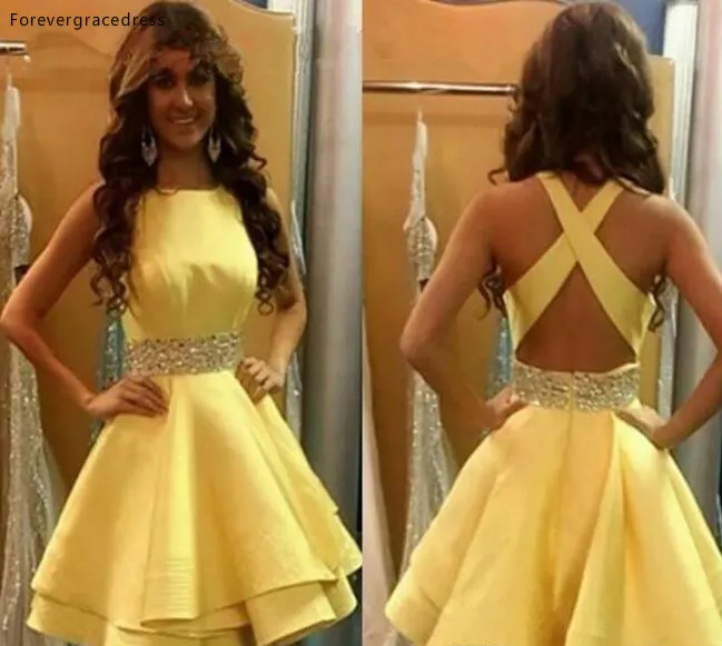 2018 New Arrival Yellow Cheap Homecoming Dresses Jewel Neck Beaded Sequins Sash Party Gowns Criss Cross Back Satin Short Cocktail Dress  89