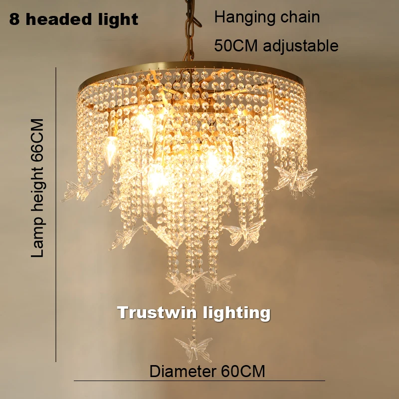 Copper glass crystal chandelier light LED hanging lamp for stair loft high ceiling LED chandelier light round butterfly lamp