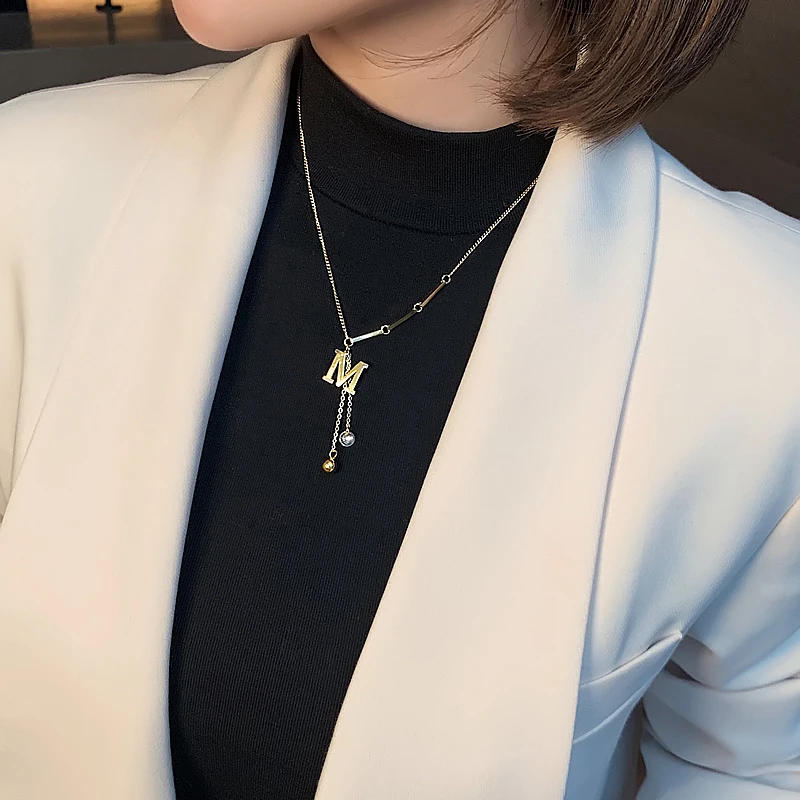 2020 new design sense M letter tassel titanium steel color fast necklace fashion luxury women's neck chain party sweater chain - Image 3