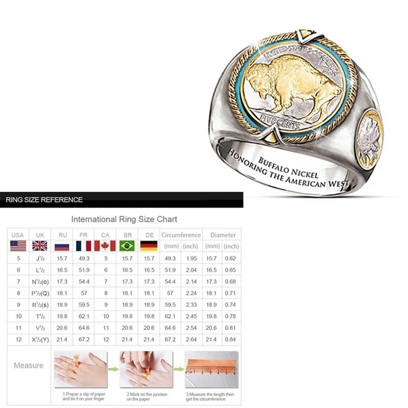 Men's Gold and Silver Ring Stainless Steel Viking American Cowboy Faro Buffalo Locomotive Triangle Nordic Jewelry