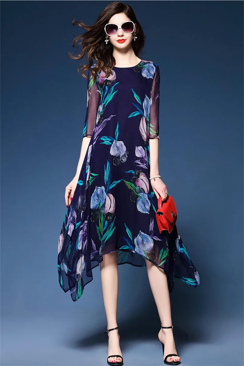 

Spring 2020 Print Floral Summer Dress Women Silk Chiffon Dresses Ladies Elegant Half Sleeve Loose Casual Vestidos WXF718