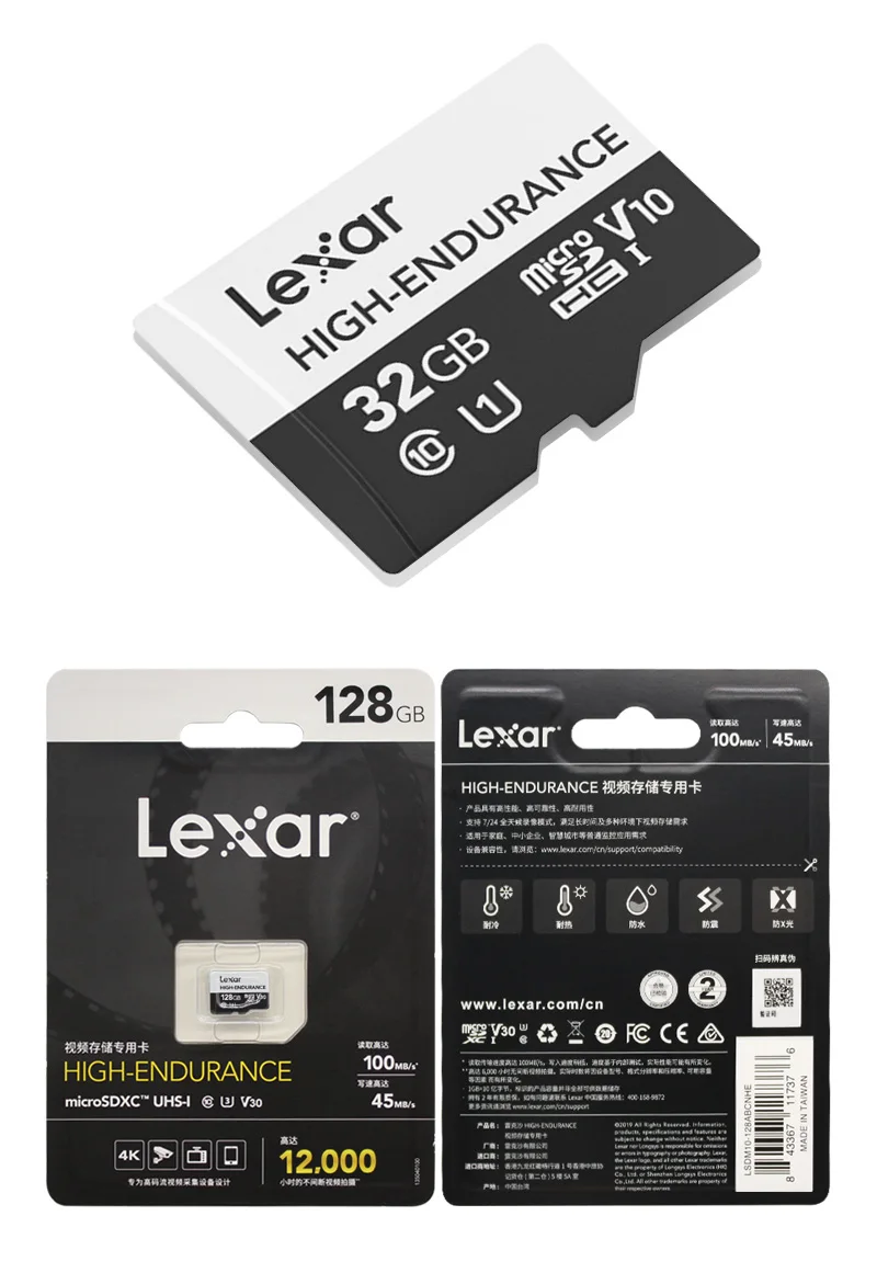 Lexar высокая выносливость Памяти высокоскоростная карта 100 МБ/с. 64 Гб 128 V30 UHS-I U3 класса 10 32GB U1 V10 Microsd карты