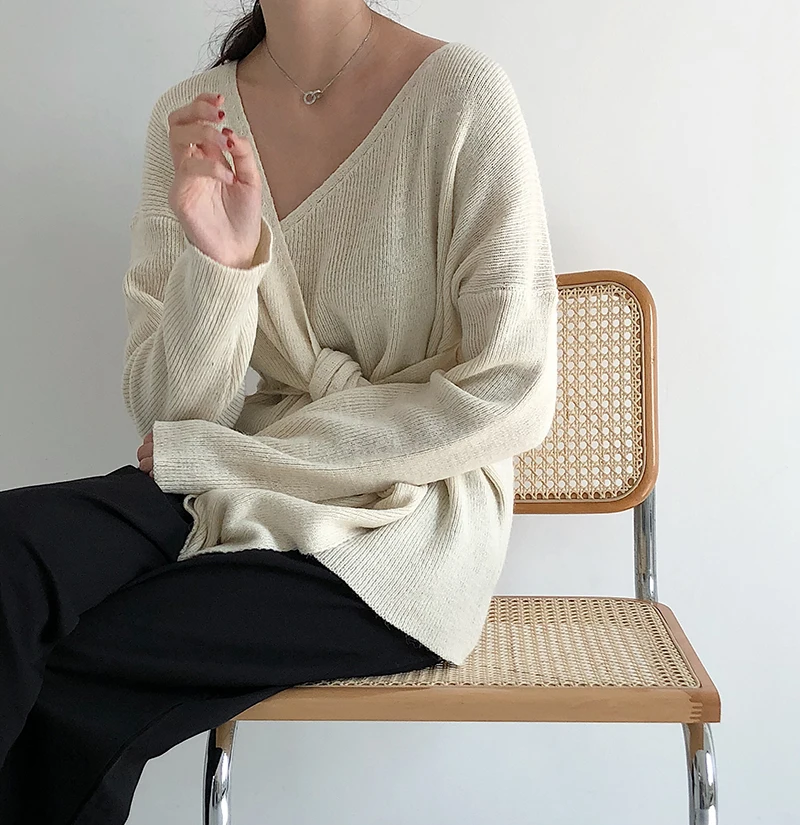 Корейский модный узел галстука шикарный уютный свитер для женщин Асимметричный вырез длинный рукав вязаный пуловер свитер элегантные женские джемперы Топы