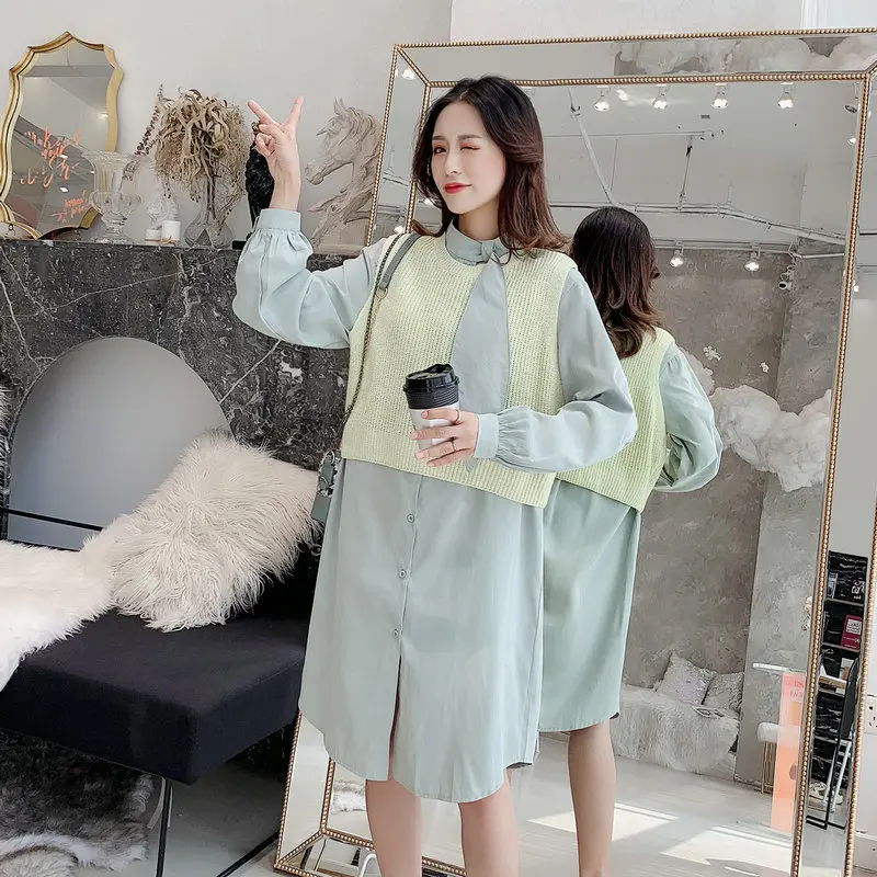 

Pregnant Women Autumn Clothing Dress New Style Set Fashion Models Mid-length Shirt Dress Sweater Waistcoat Two-Piece Set