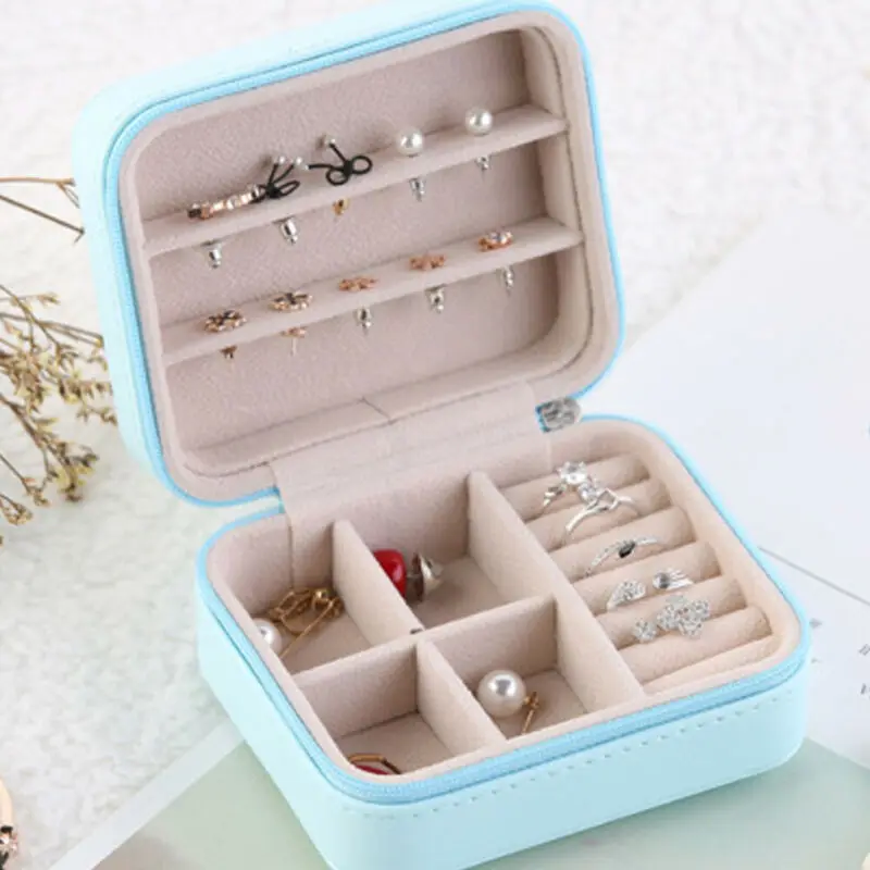 

Travel Portable Jewelry Storage Leather Solid Color Zipper Jewelry Box Storage Organizer Necklace Bracelet Earring Holder 2019