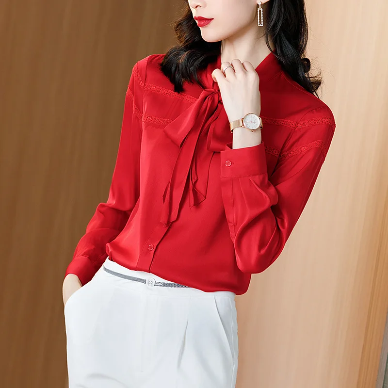 

2020 Spring and Autumn Women's Real Silk Shirts Women's Bow Tie Loose Long Sleeved Office Lady Elegant Tops and Blouses