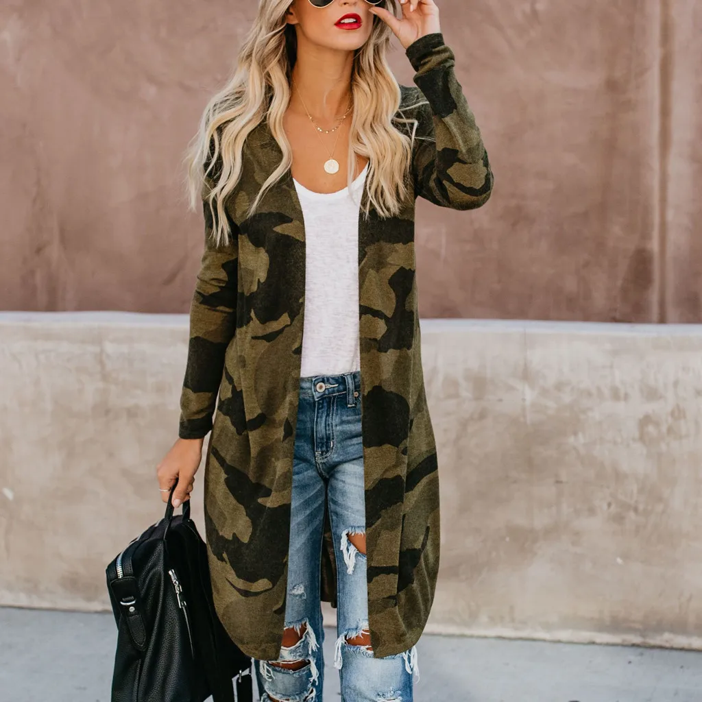 Ideal Womens Long Cardigan Camouflage Long Sleeve Coat Parka Outerwear L0820