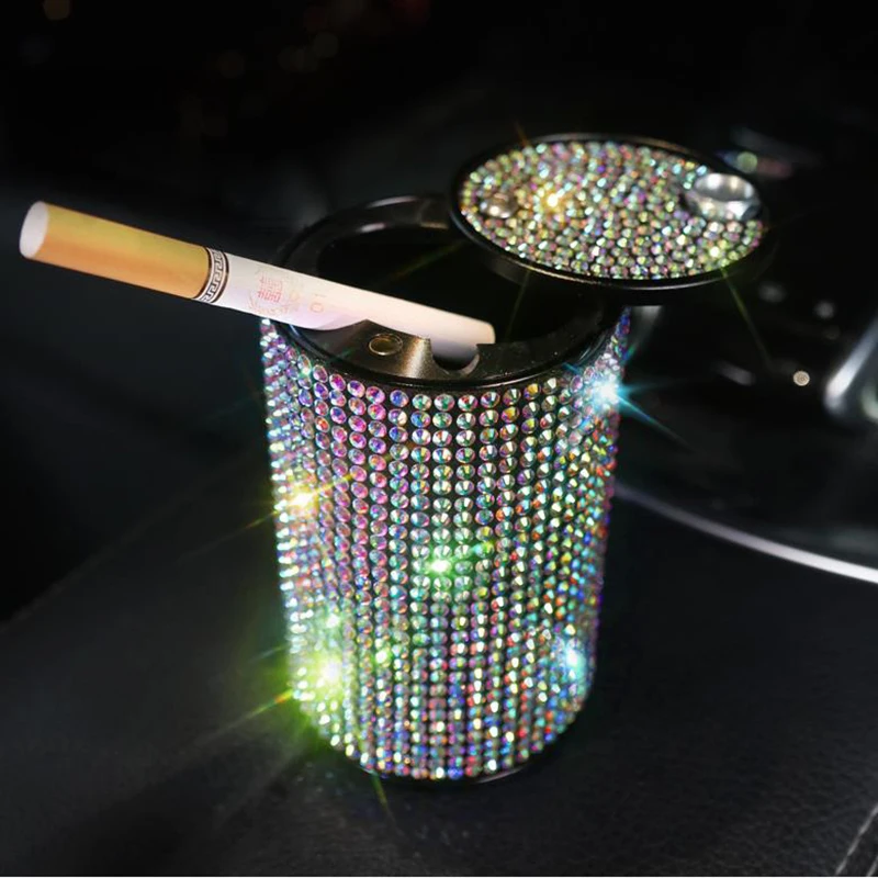 

Luxury Crystal Rhinestones Car Ashtray Cup Holder Plastic with Diamond Auto Cigarette Portable High Class Gifts For Women Girls