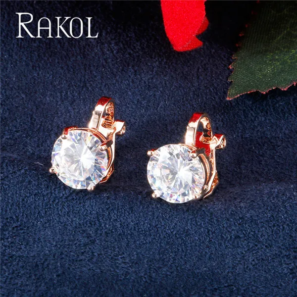 RAKOL, высокое качество, разноцветные Круглые Серьги-клипсы с кубическим цирконием для женщин, модные женские ювелирные изделия с кристаллами для свадебной вечеринки, RE25264 - Окраска металла: White Rose Gold