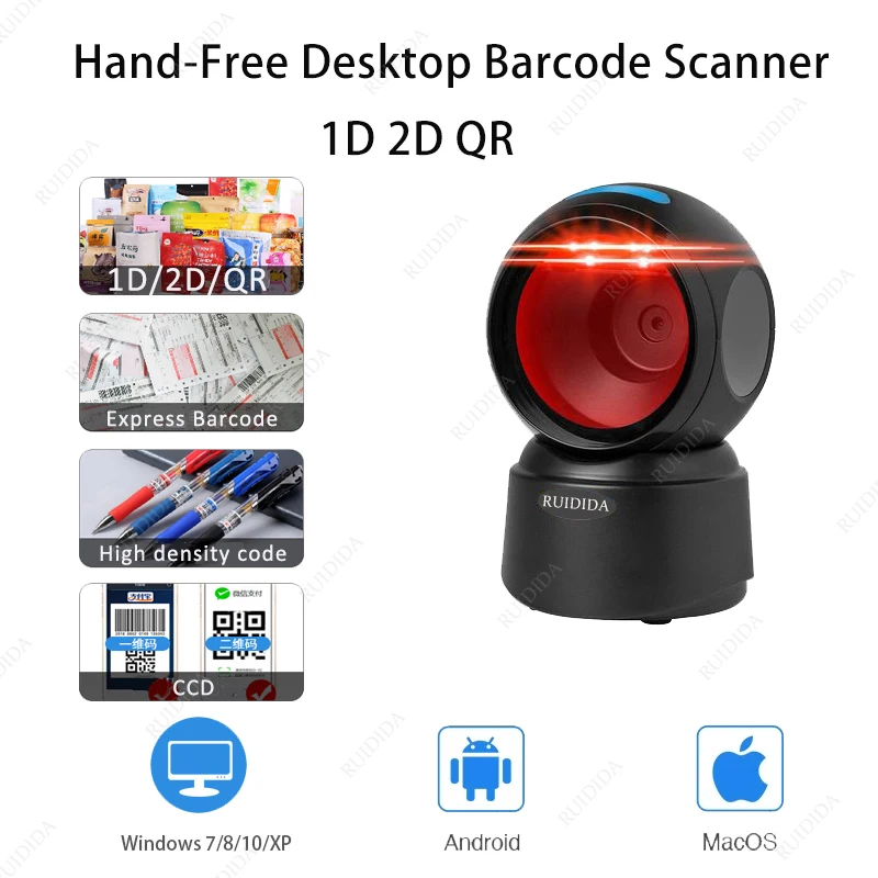 1D/2D Desktop Barcode Scanner Omnidirectional USB Wired Barcode Reader Platform Scanner Automatic Sensing Scanning for Store PDF
