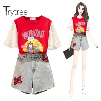 

Trytree 2020 Summer Women Two Piece Set Casual O-neck Cartoon Patchwork Tops + Cowboy Shorts Bow Tassel Fashion Set 2 Piece Set