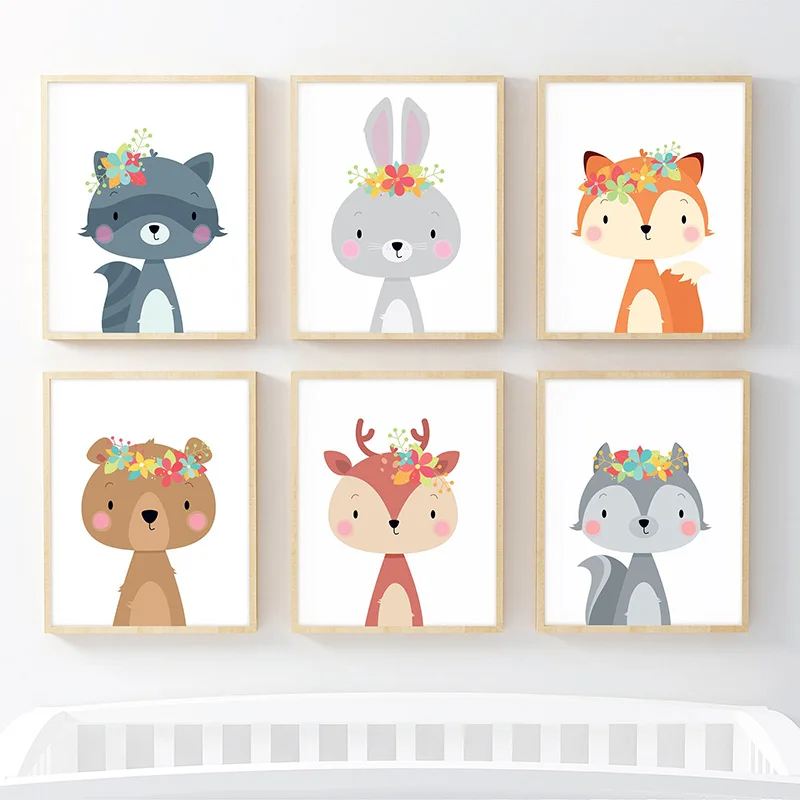 

Baby Girl Nursery Woodland Animal Poster Deer Rabbit Bear Raccoon Canvas Painting Picture on Wall Nordic Print Decor for Home