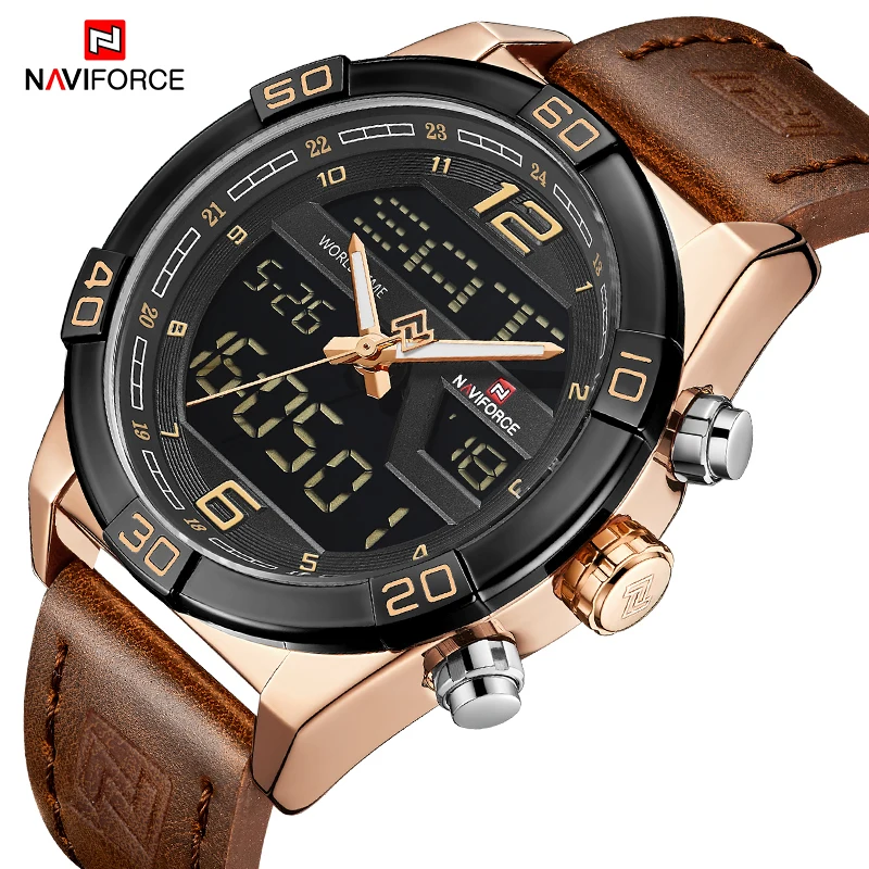 

Luxury Brand NAVIFORCE Mens Business Watches Quartz LED Digital Wristwatch Male Leather strap Waterproof Clock Relogio Masculino