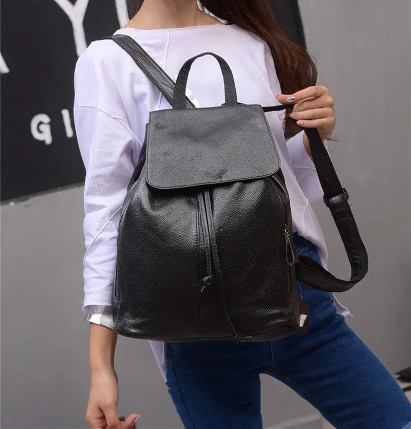 High quality top layer cowhide black backpack vintage lady hand designed backpack student bag computer bag