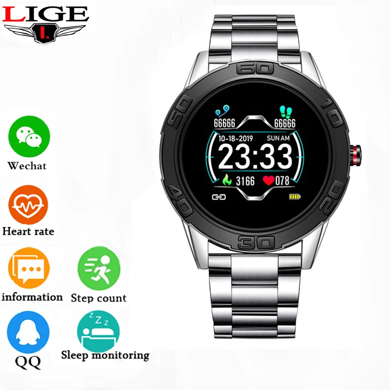 

LIGE Smart Watch Men Fitness Tracker IP67 Waterproof Heart Rate Blood Pressure Pedometer For Android ios Sports smartwatch +Box