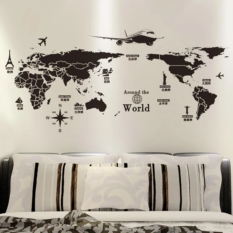 

[SHIJUEHEZI] Black Color World Map Wall Sticker Vinyl DIY World Travel View Wall Decal for Living Room Office Bedroom Decoration