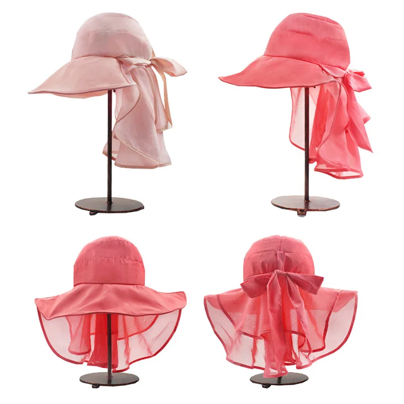 Womens Foldable Flap Cover UPF UV Protective Wide Brim Bucket Solid Color Fashion Bow Sun Hat Summer for women K2